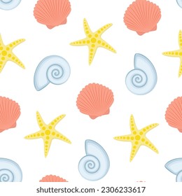 Vector seamless pattern. Seashells and a starfish in the cartoon style. Summer, beach.