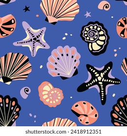 Vector seamless pattern with seashells and starfish, hand drawn vector isolated elements. A set of ornaments for the design of textiles, clothing, and interior. Cartoon hand drawn style.