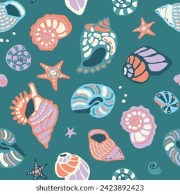 Vector seamless pattern with seashells and starfish, hand drawn vector isolated elements. A set of ornaments for the design of textiles, clothing, and interior. Cartoon hand drawn style.