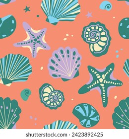 Vector seamless pattern with seashells and starfish, hand drawn vector isolated elements. A set of ornaments for the design of textiles, clothing, and interior. Cartoon hand drawn style.