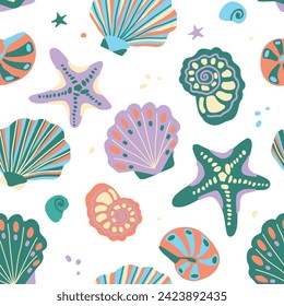 Vector seamless pattern with seashells and starfish, hand drawn vector isolated elements. A set of ornaments for the design of textiles, clothing, and interior. Cartoon hand drawn style.