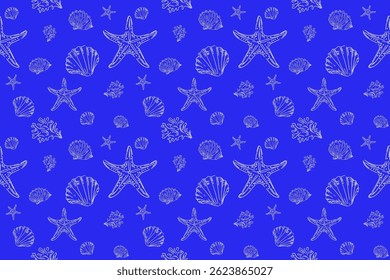 Vector seamless pattern with seashells, starfish and coral.