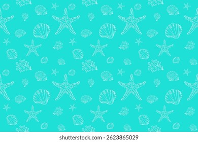 Vector seamless pattern with seashells, starfish and coral.
