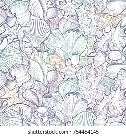 vector seamless pattern with seashells and starfish, hand drawn illustration, sea background