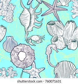 vector seamless pattern with seashells and starfish, hand drawn illustration, sea background