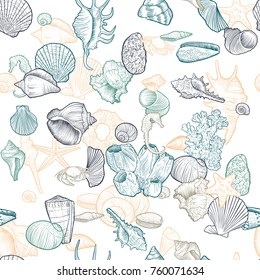 vector seamless pattern with seashells and starfish, hand drawn illustration, sea background