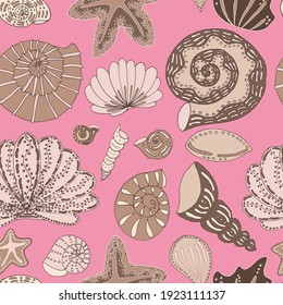 vector seamless pattern seashells and stars on pink