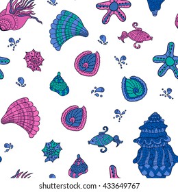 Vector seamless pattern with seashells. Tropical background design. Doodle. Funny set