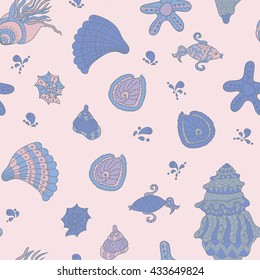 Vector seamless pattern with seashells. Tropical background design. Doodle. Funny set