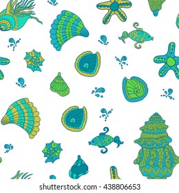 Vector seamless pattern with seashells. Tropical background design. Doodle. Funny set