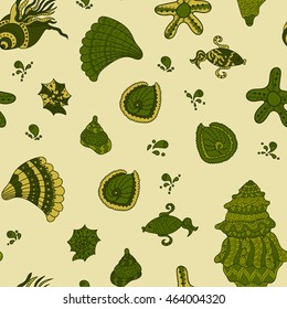 Vector seamless pattern with seashells. Tropical background design. Doodle. Funny set