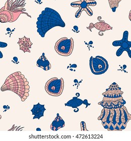 Vector seamless pattern with seashells. Tropical background design. Doodle. Funny set