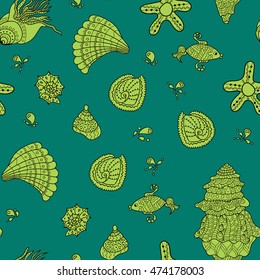 Vector seamless pattern with seashells. Tropical background design. Doodle. Funny set