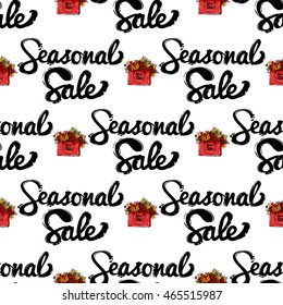 Vector seamless pattern with seasonal sale lettering and shopping bag with leaves bouquet. Background for decoration seasonal celebration, greeting card or banner. Hand drawn symbols on white backdrop