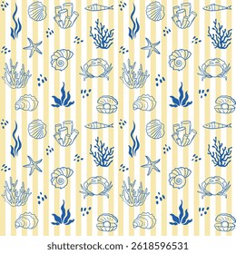 Padrão de vetor sem emenda com algas, corais, pérolas, caranguejo e outros motivos costeiros e costeiros. Perfeito para têxtil, casamento, aniversário, design de aniversário, tecido, linho, papel de parede, menu de jantar