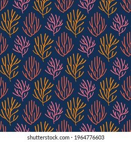 Vector seamless pattern with seaweed. Multicolored algae hand-drawn doodles.