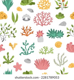 Vector seamless pattern with seaweeds. Under the sea repeat background with cute corals, actinia, luminaria, star, phyllophora, seashells, pearl. Ocean life or water weeds digital paper
