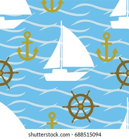 vector of seamless pattern with sea,yacht,wheel and anchor