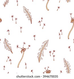 vector seamless pattern with seeds and leaves of dandelion, hand drawn floral background