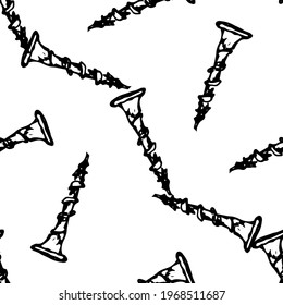 Vector seamless pattern of a self-tapping screw, randomly located.Self-tapping screw drawn by hand in sketch style with black line on white background for package design template.Seamless pattern 