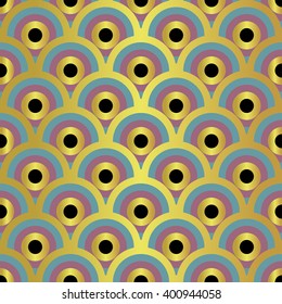 Vector seamless pattern of semicircles in squama style. Abstract geometric background in golden purple black and blue colors. Art modern design. Bright colored gold background. Vector design template