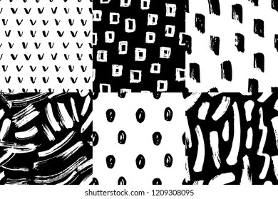 Vector seamless pattern set. Abstract hand drawn grunge ink textures. Creative freehand  background. Black and white. Modern trendy design with brush strokes, dots, spots. 