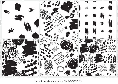 Vector seamless pattern set. Abstract backgrounds with grunge brush strokes. Ink painted hand drawn textures. Black and white design. Wallpaper, print for fabric or wrapping paper.