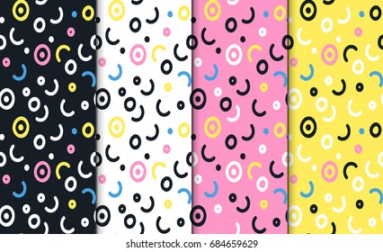Vector seamless pattern set. Abstract geometric backgrounds with shapes and lines. 80s-90s memphis style design collection. Wallpaper, cloth design, fabric, paper, cover, textile.