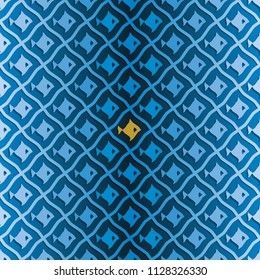 A vector seamless pattern to a set for backdrop, wrapping paper or wallpaper with often repeating fishes and a grid of different shades of blue, a gold fish on a blue background,creating a wave effect