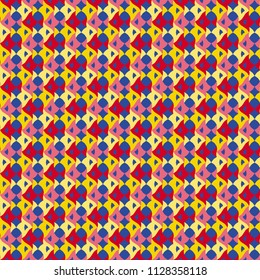 A vector seamless pattern to a set for backdrop, wrapping paper, greeting card or wallpaper with often repeating fishes of light and dark yellow, light and dark red colours on a dark violet background