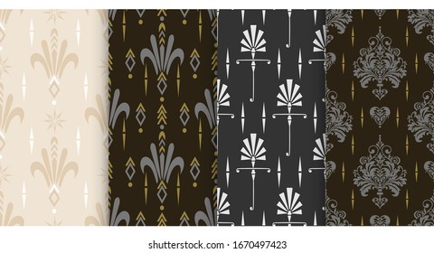 Vector seamless pattern. Set of background wallpaper in Chinese Japanese style. Colors: black, silver, beige. Graphic templates for your design.
