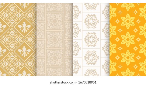 Vector seamless pattern. Set of background wallpapers in retro style. Colors: gold, beige, yellow. Graphic templates for your design.
