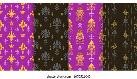 Vector seamless pattern. Set of background wallpaper in Asian style. Colors: black, purple, gold. Graphic templates for your design