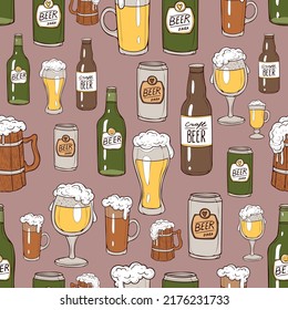 Vector seamless pattern with set of beer, boottles, mugs, can. Endless background for decoration pub menu and kitchen. Beer foam. Doodle design. Cartoon style.