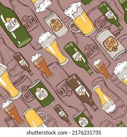 Vector seamless pattern with set of beer, boottles, mugs, can. Endless background for decoration pub menu and kitchen. Beer foam. Doodle design. Cartoon style.