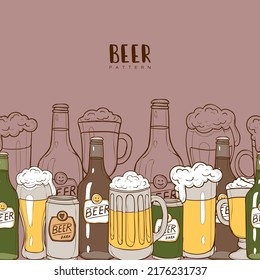 Vector seamless pattern with set of beer, boottles, mugs, can. Endless background for decoration pub menu and kitchen. Beer foam. Doodle design. Cartoon style.
