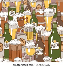 Vector seamless pattern with set of beer, boottles, mugs, can. Endless background for decoration pub menu and kitchen. Beer foam. Doodle design. Cartoon style.