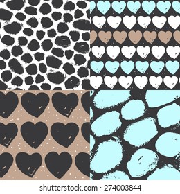 Vector seamless pattern set. Calligraphic brush spots and hearts. Blue, beige, white and black. Use for wedding, birthday invitations, wallpaper, pattern fills, web page background, surface textures.