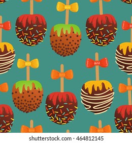 Vector seamless pattern with set of caramel apples. On turquoise background.