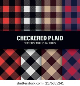 Vector Seamless Pattern Set with Checkered Plaid. Red, Black, Brown, Purple Plaid. Design Template for Textile, Christmas Packaging. Plaid Pattern, Tartan Style Background, Digital Paper