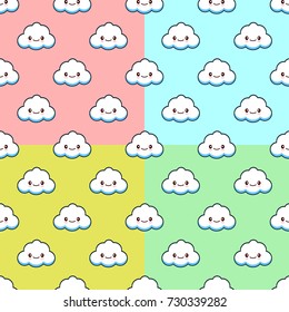 Vector seamless pattern set with clouds cute kawaii character in yellow, pink and green, blue colors for backgrounds and clothing designs Flat design