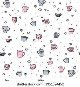 Vector seamless pattern with set of color doodle cups. Bright color cups on background