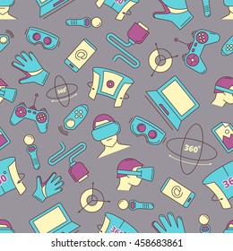 vector seamless pattern with set of color linear icons virtual reality accessories. 360 degree view. Rotation arrows. Gloves and helmet. Illustrations isolate on dark background