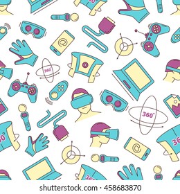 vector seamless pattern with set of color linear icons virtual reality accessories. 360 degree view. Rotation arrows. Gloves and helmet. Illustrations isolate on white background