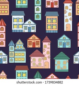 Vector seamless pattern with set of colorful houses with luminous windows on a dark night or evening background