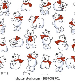 Vector seamless pattern with set of cute cartoon polar bears in red scarves on a white background