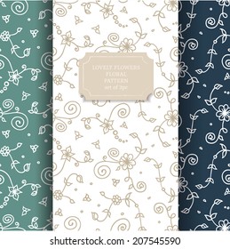 Vector seamless pattern set with cute vintage floral twigs and swirls, collection of 3 patterns