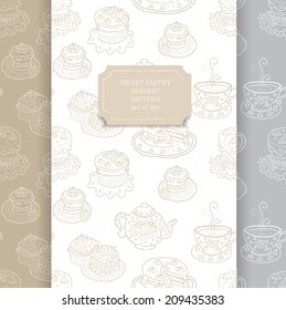 Vector seamless pattern set with cute tea time cakes and desserts, collection of 3 patterns