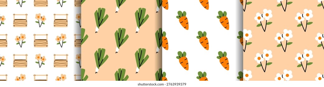 Vector seamless pattern set with cute garden, farm, agriculture harvest. Spring wrapping paper print backgrounds, featuring flower crate, green leek bunch, carrot and simple daisy bloom design.