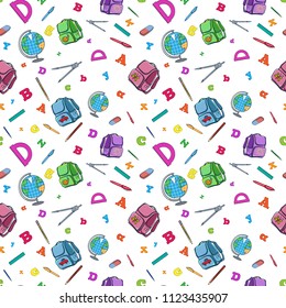 Vector seamless pattern with set of different stationery and school items. 